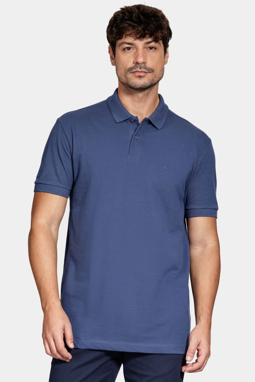 Polo Piquet Algodão Básico Manga Curta Azul Jeans