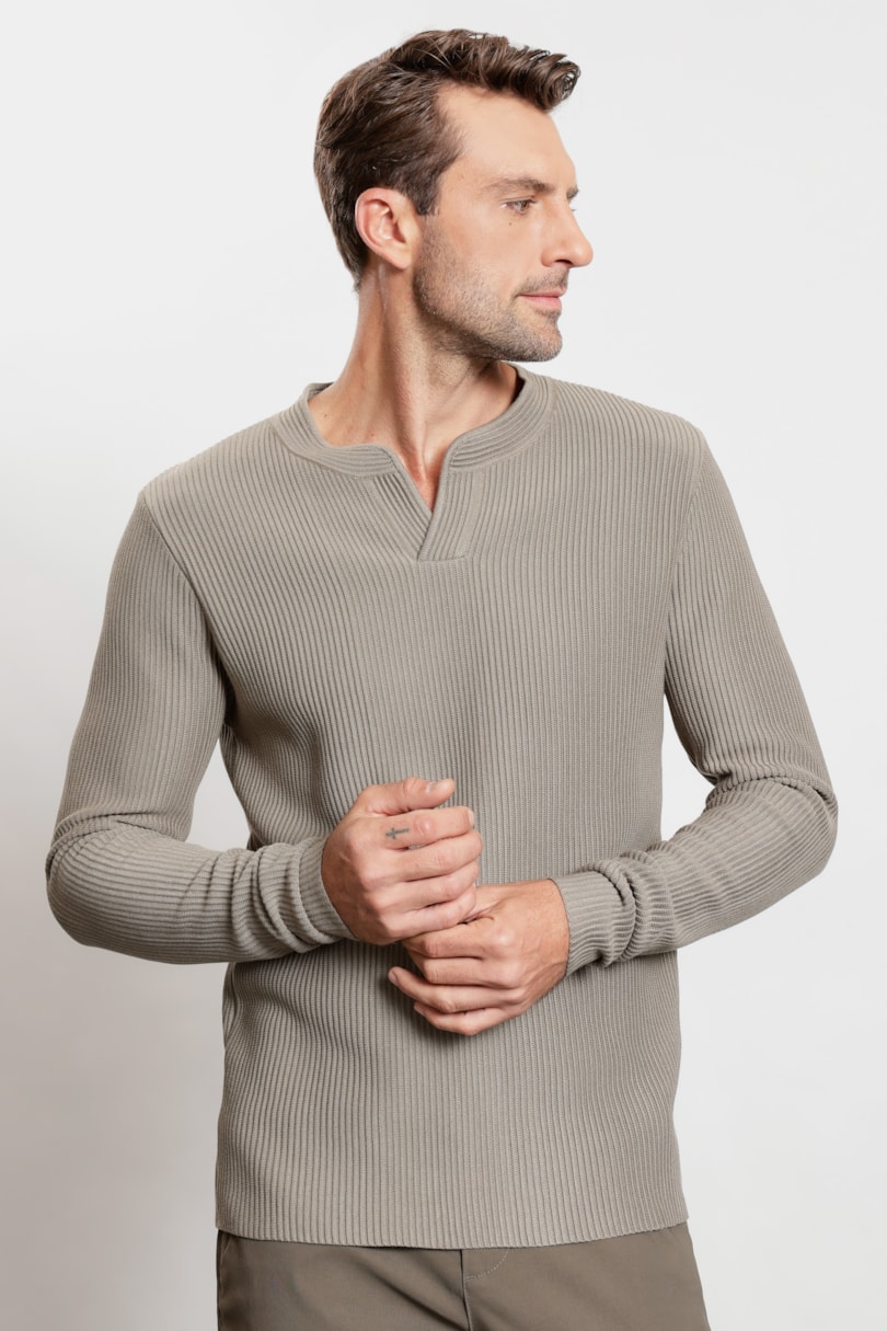 Suéter de Tricot Henley Cinza Escuro