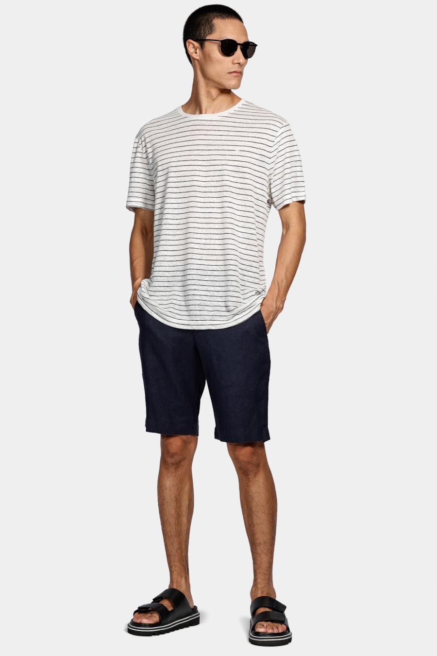 T-Shirt Stripe Linen Off White Com Marinho — foto 2 de 4