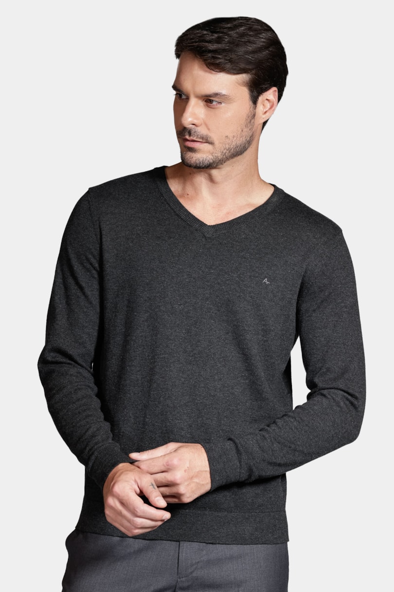 Tricot Aramis Gola v Manga Longa Grafite Mescla