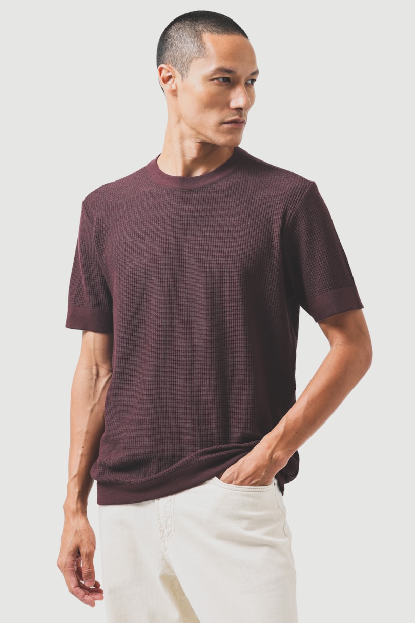 Tricot Manga Curta Jacquard Mini Grid Burgundy