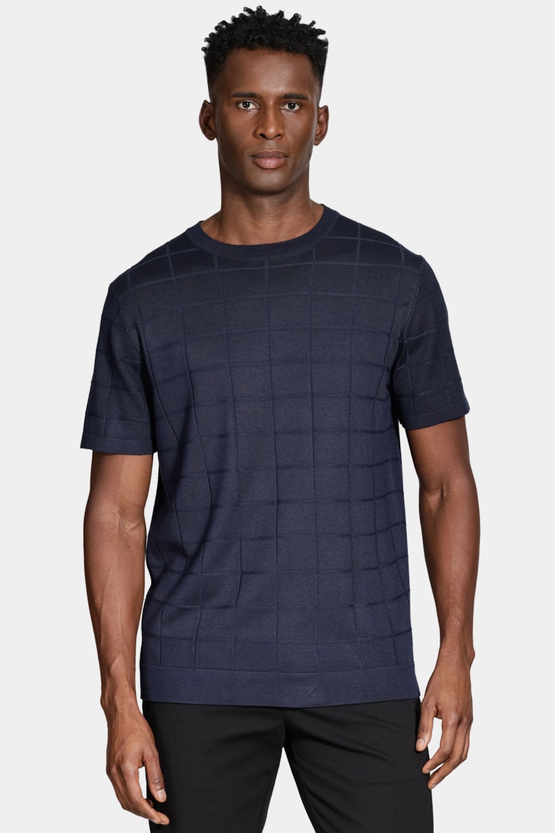 Tricot Manga Curta Jacquard Quadriculado Marinho