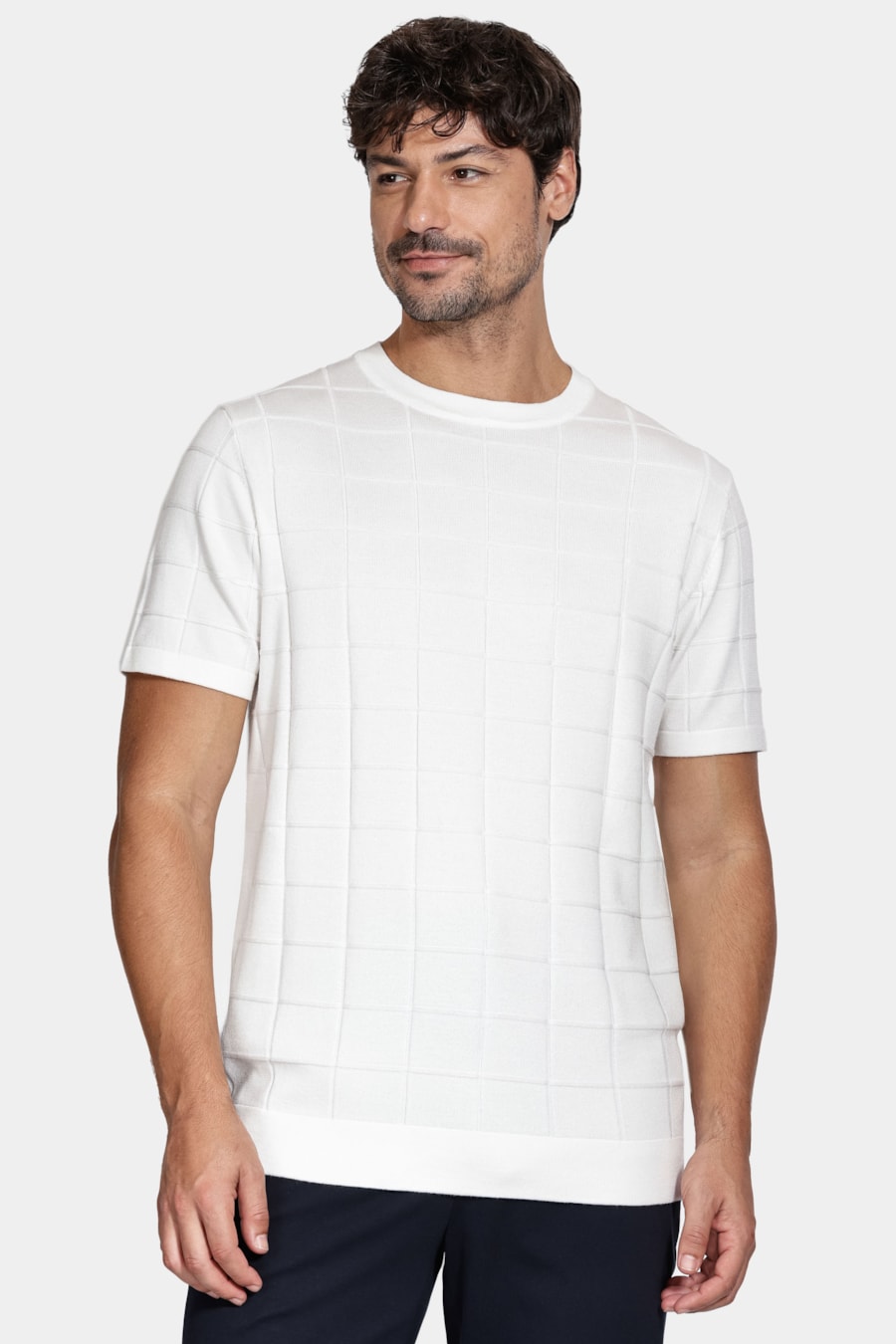 Tricot Manga Curta Jacquard Quadriculado Off White — foto 1 de 5