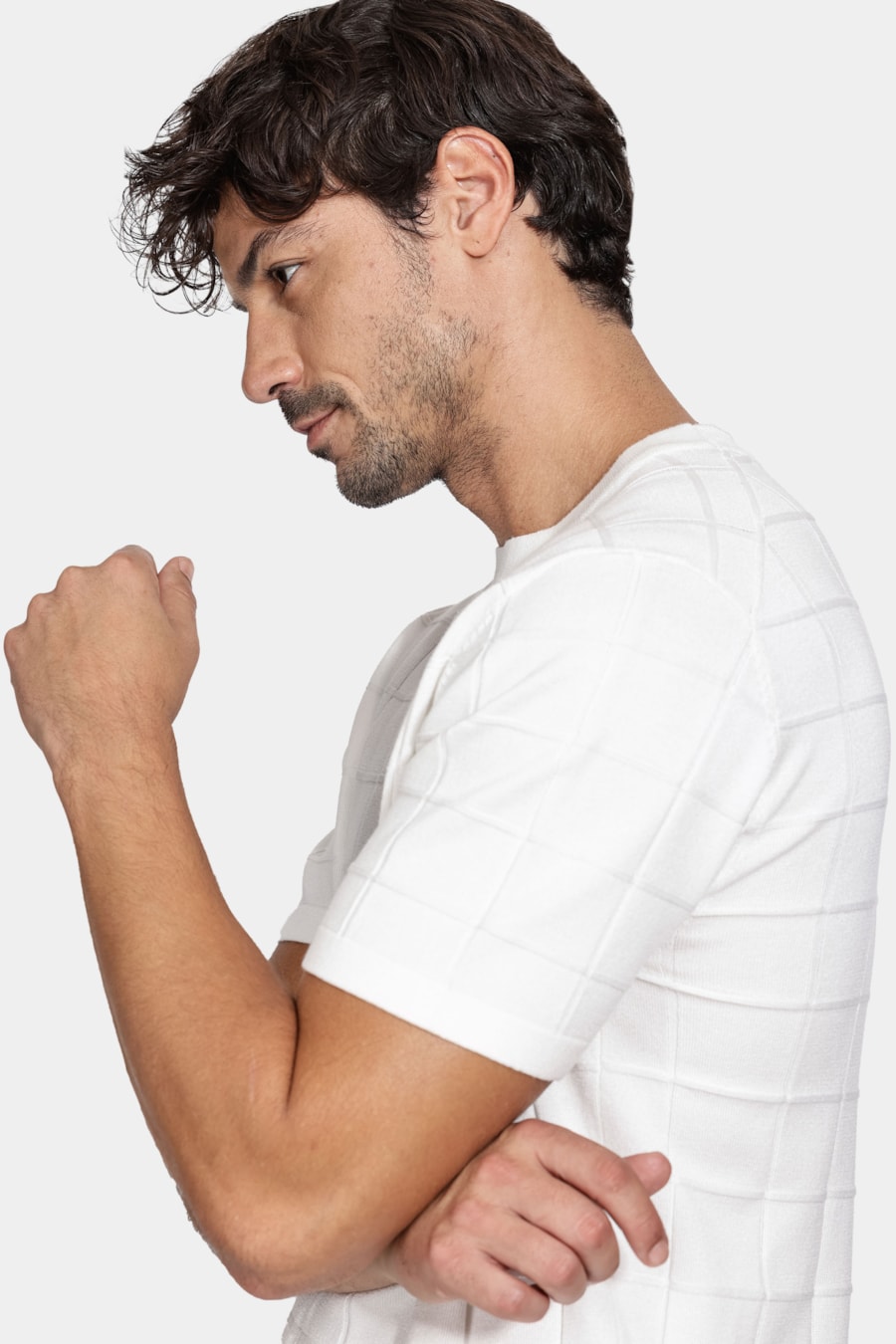 Tricot Manga Curta Jacquard Quadriculado Off White — foto 3 de 5