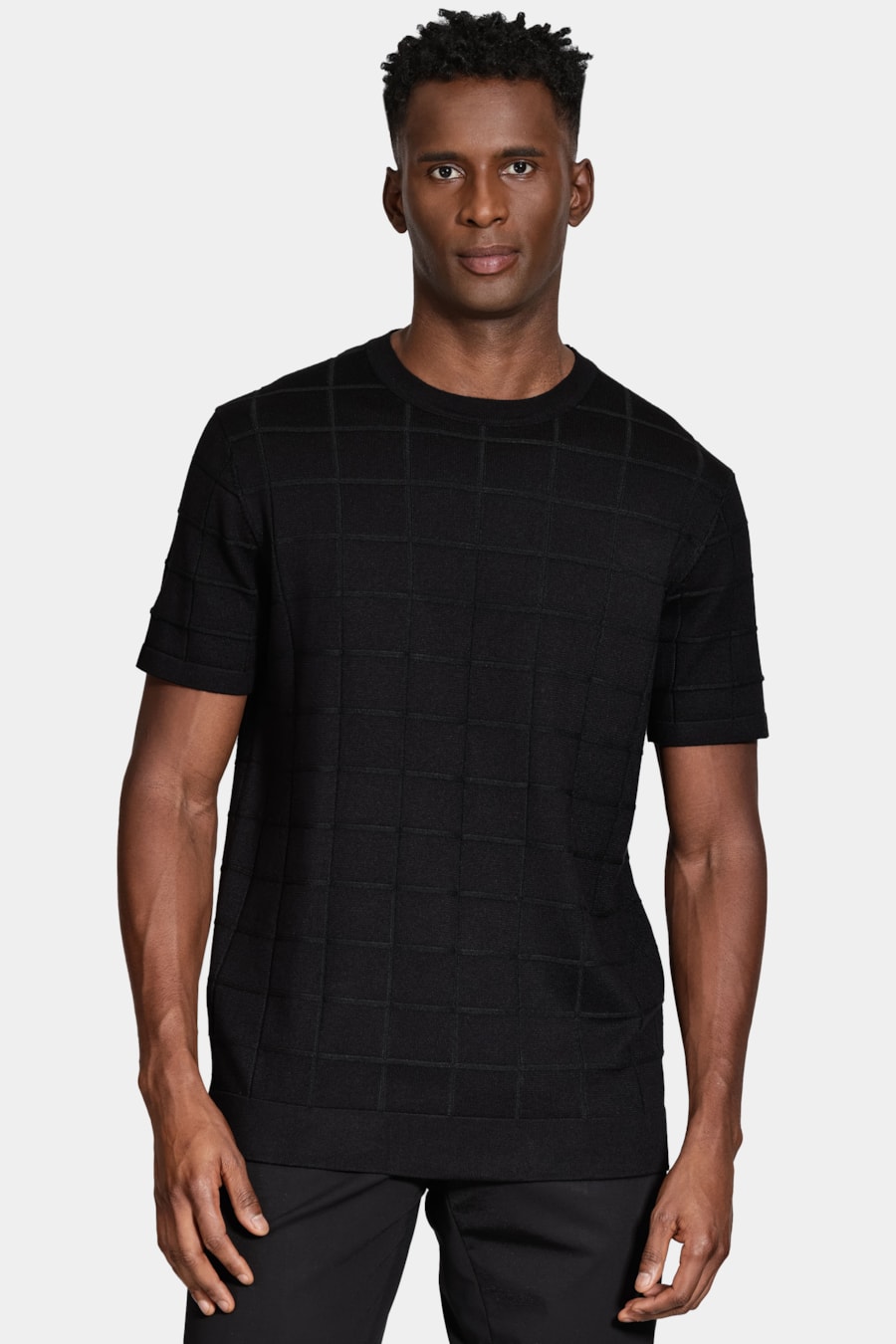 Tricot Manga Curta Jacquard Quadriculado Preto — foto 1 de 5