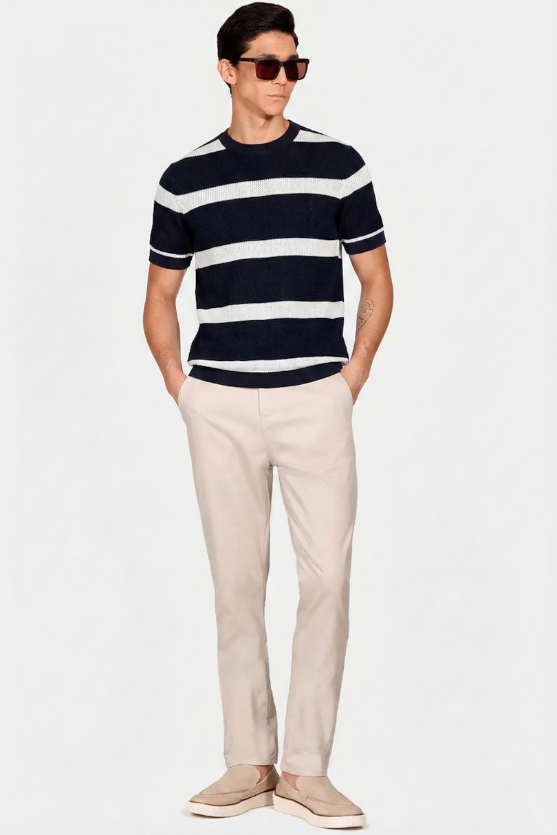 Tricot Manga Curta Listrado Marinho/Offwhite