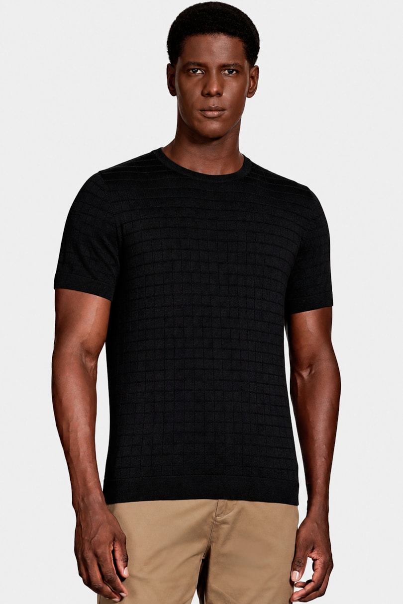 Tricot Manga Curta Mini Grid Preto