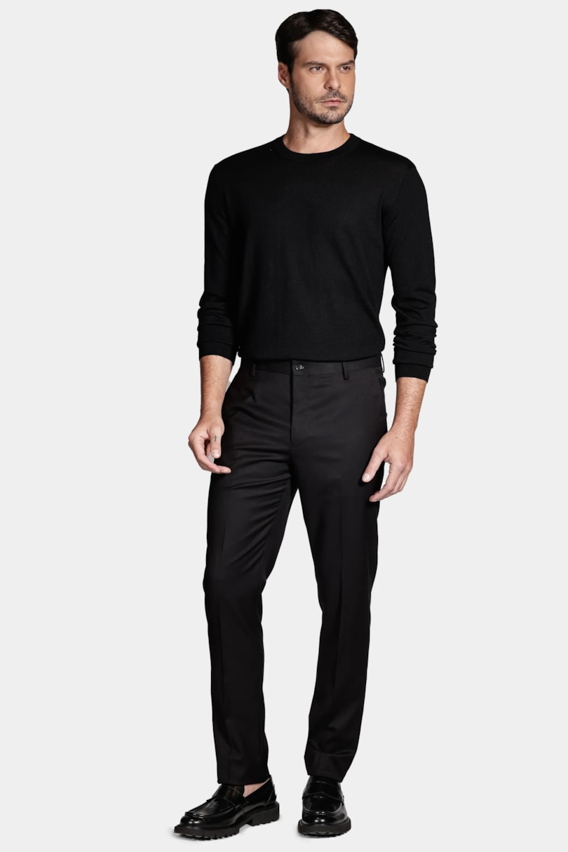 Tricot Manga Longa Gola Careca Lã Merino Preto