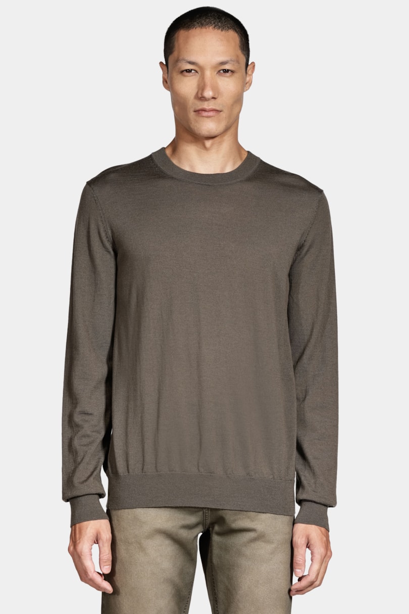 Tricot Manga Longa Gola Careca Lã Merino Tabaco