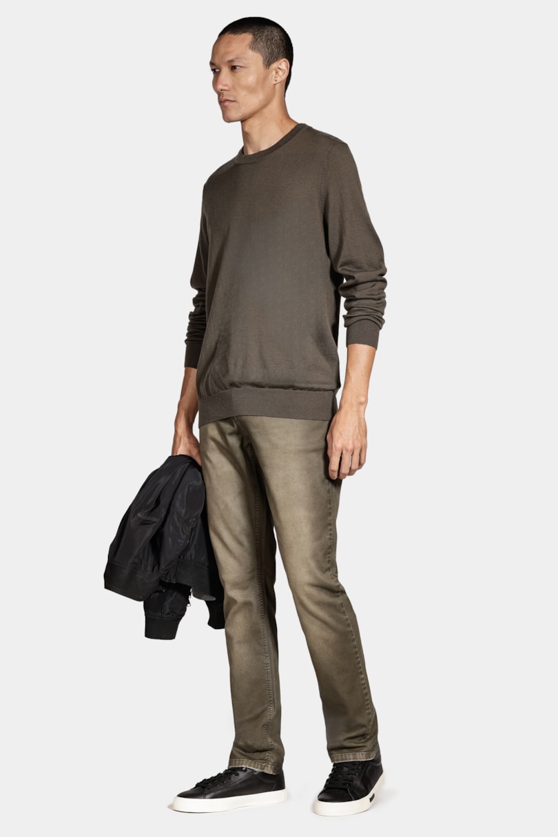 Tricot Manga Longa Gola Careca Lã Merino Tabaco