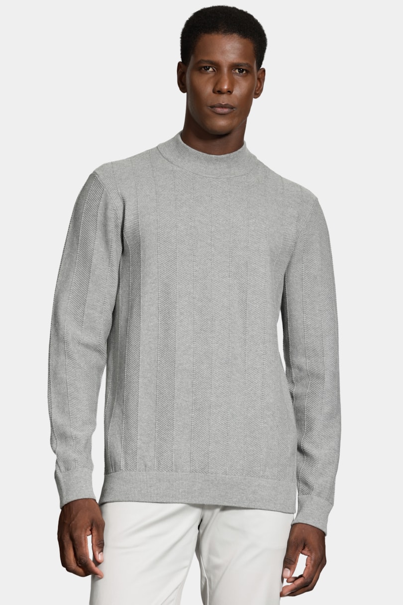 Tricot Manga Longa Gola Midi Jacquard Cinza Mescla