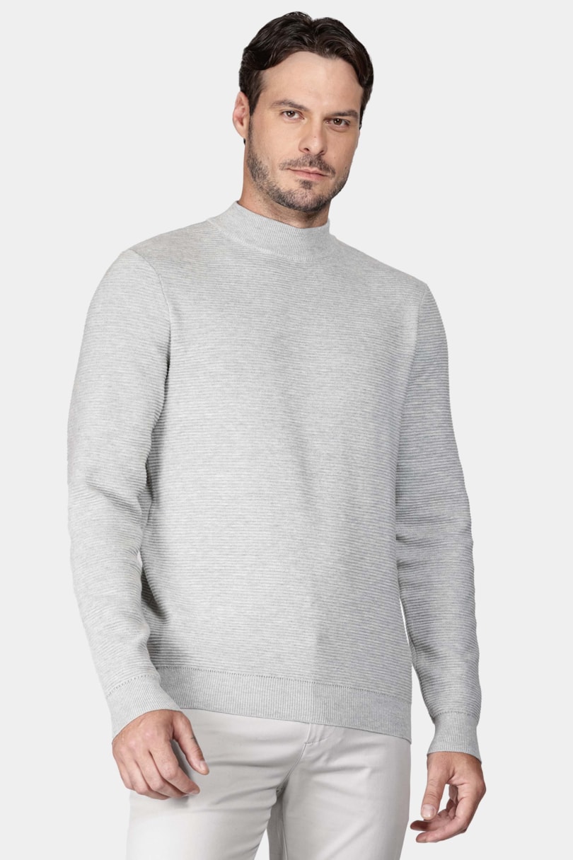 Tricot Manga Longa Gola Midi Nervuras Cinza Cimento