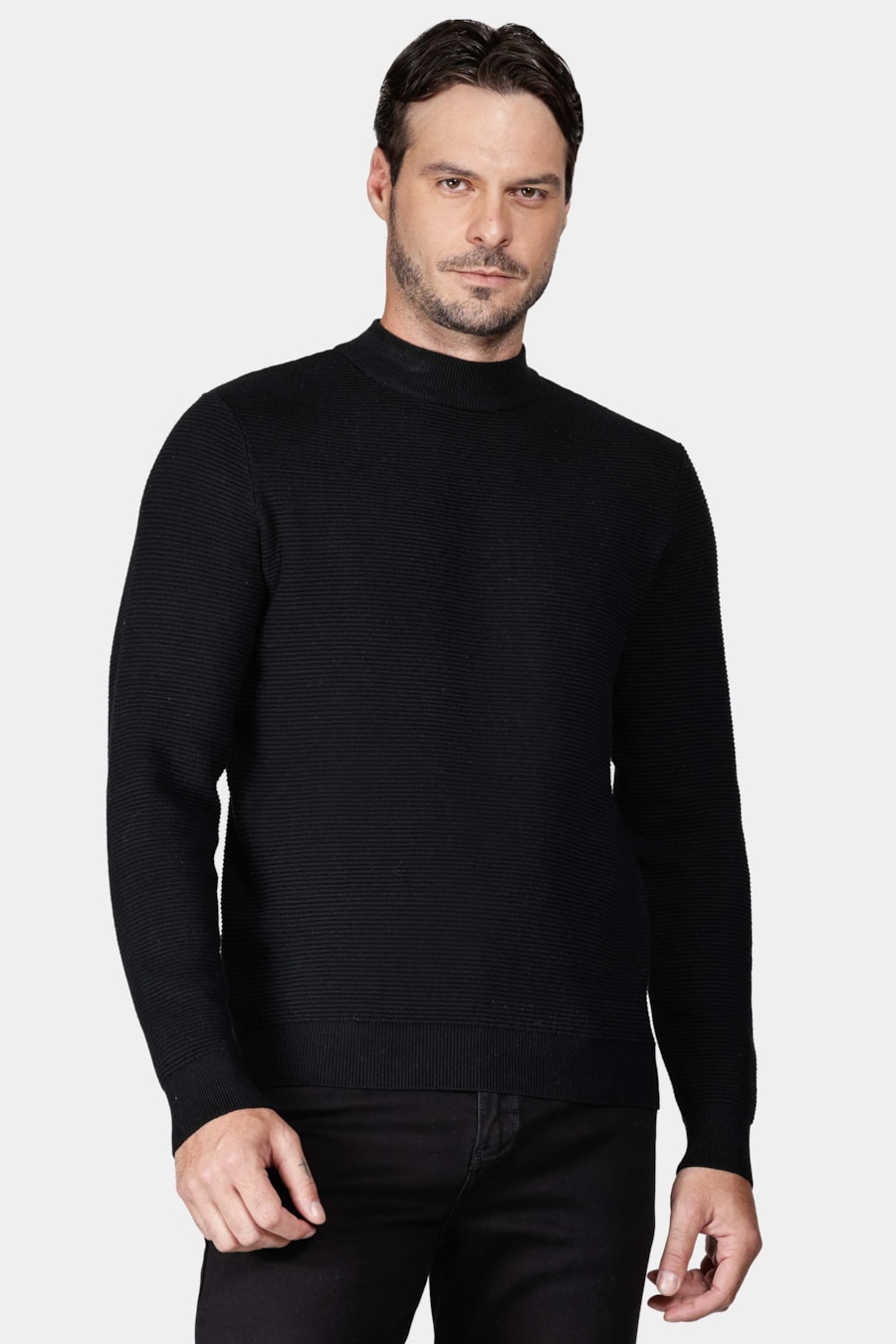 Tricot Manga Longa Gola Midi Nervuras Preto — foto 1 de 5