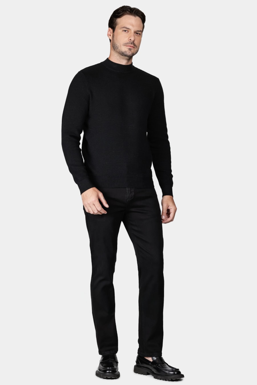 Tricot Manga Longa Gola Midi Nervuras Preto — foto 2 de 5