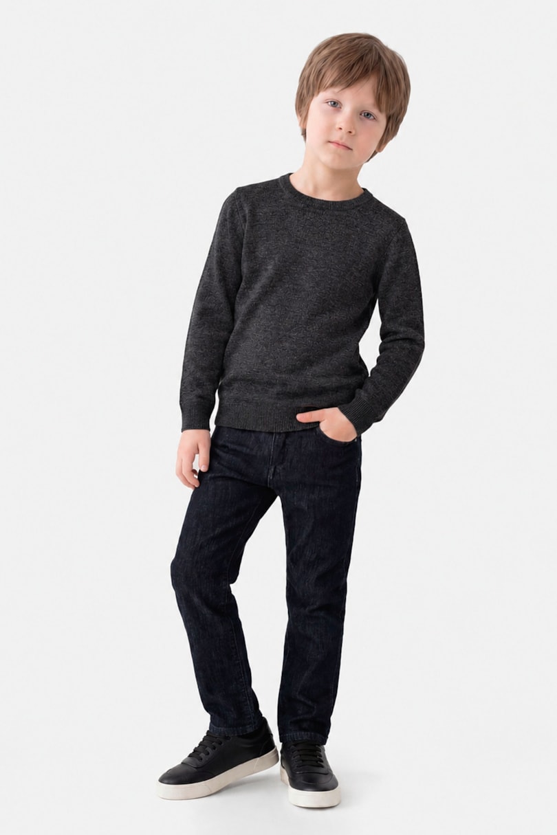 Tricot Manga Longa Infantil Gola Redonda Preto Mescla