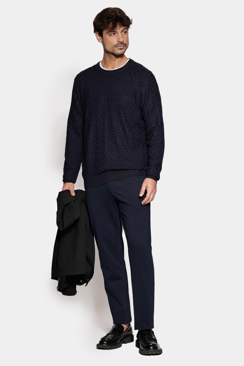 Tricot Manga Longa Jacquard Losango Marinho