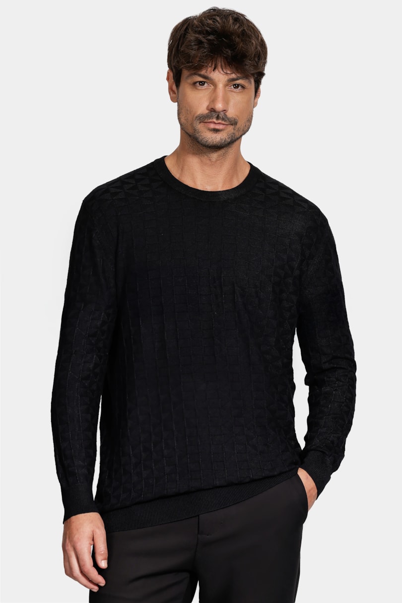 Tricot Manga Longa Jacquard Losango Preto