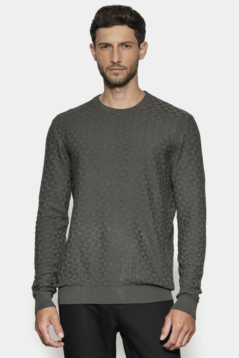 Tricot Manga Longa Jacquard Losango Verde Escuro