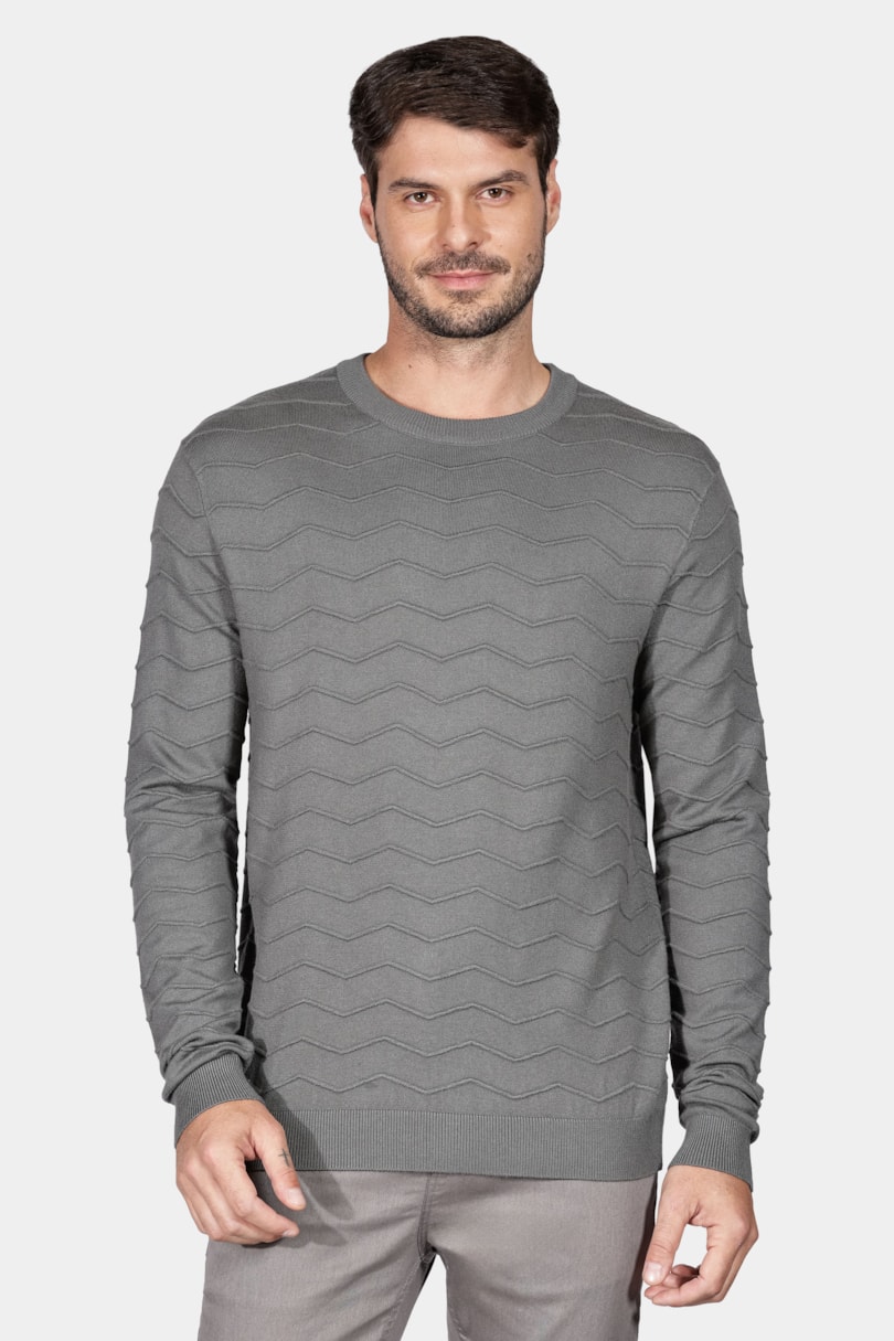 Tricot Manga Longa Jacquard Zigue Zague Grafite