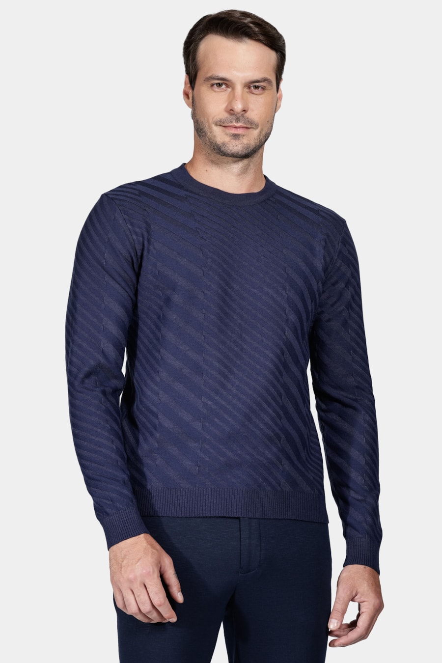 Tricot Manga Longa Viscose Jacquard Faixas Marinho — foto 1 de 5