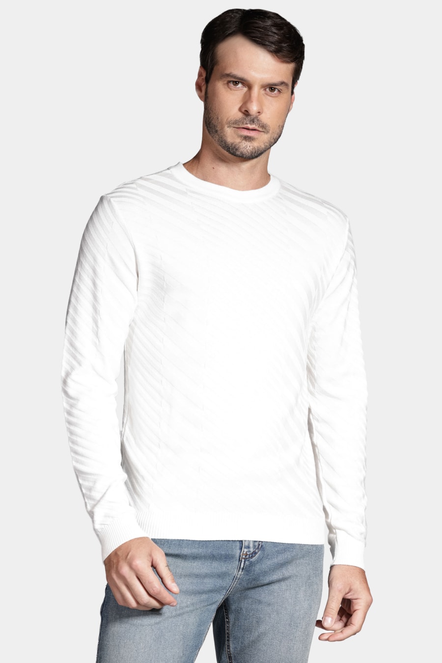 Tricot Manga Longa Viscose Jacquard Faixas Off White — foto 1 de 5
