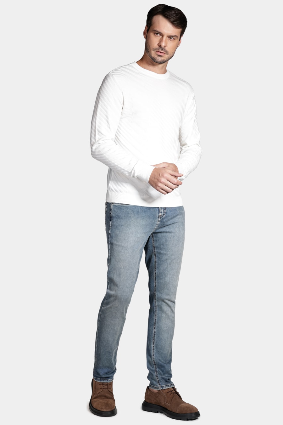 Tricot Manga Longa Viscose Jacquard Faixas Off White — foto 2 de 5